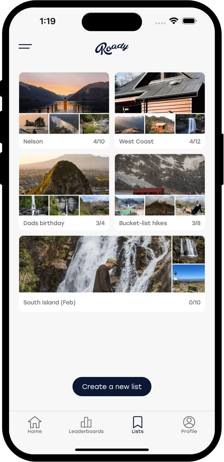 Create bucket lists to plan your next trip - Roady app feature