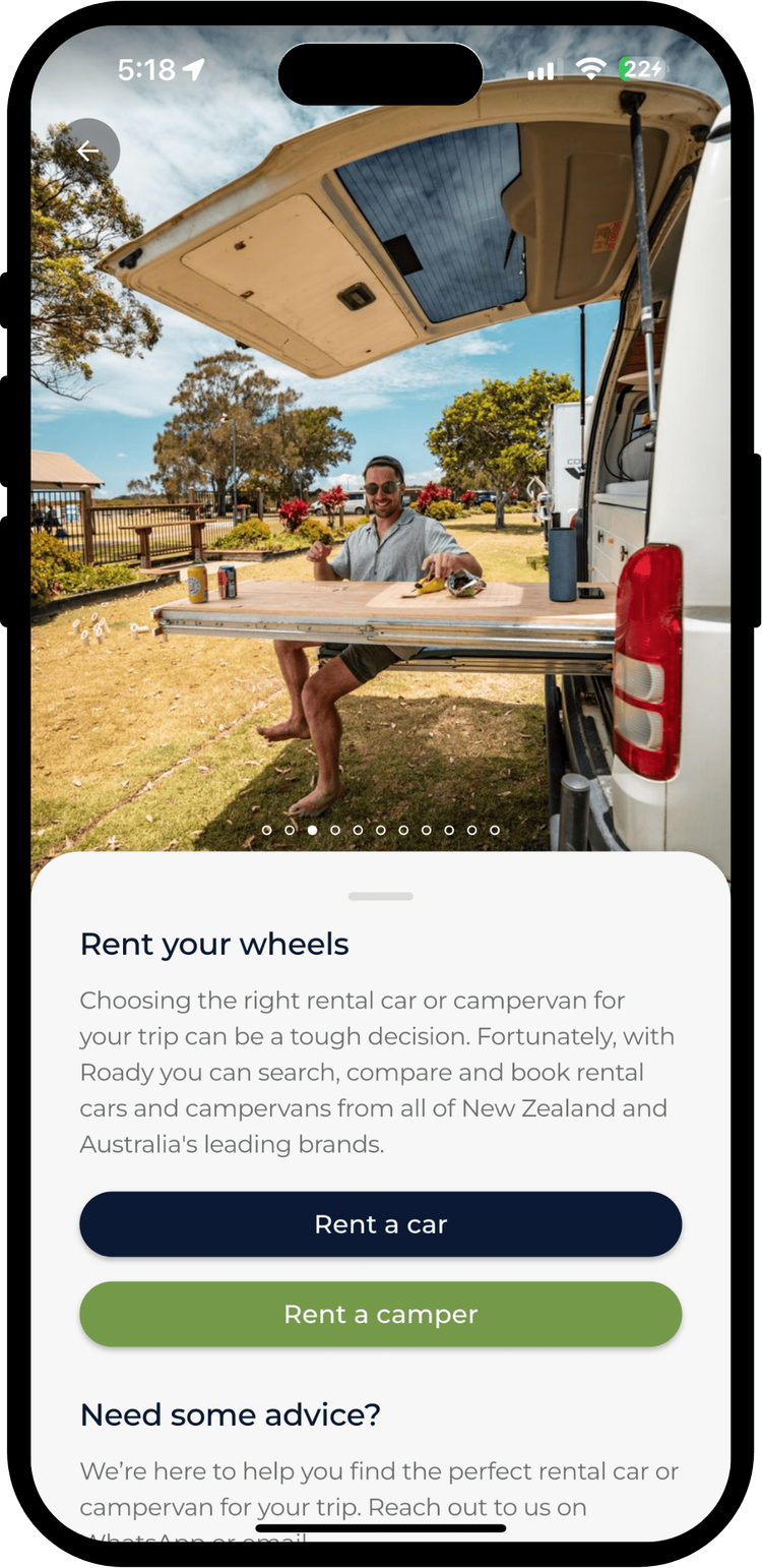 Rent cars and campers from leading brands - Roady app feature